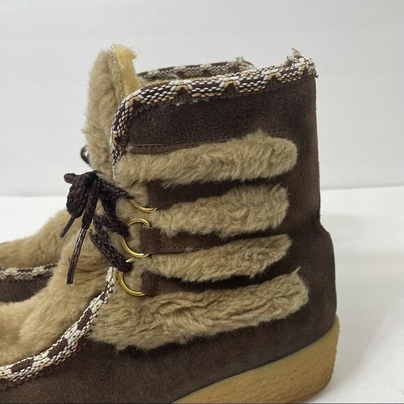 Quoddy Brown Suede Faux Fur Wool Lined Lace Up Moccasin Boots - Picture 5 of 15